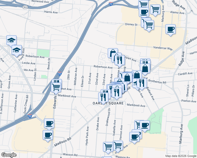 map of restaurants, bars, coffee shops, grocery stores, and more near 4222 32nd Avenue in Cincinnati