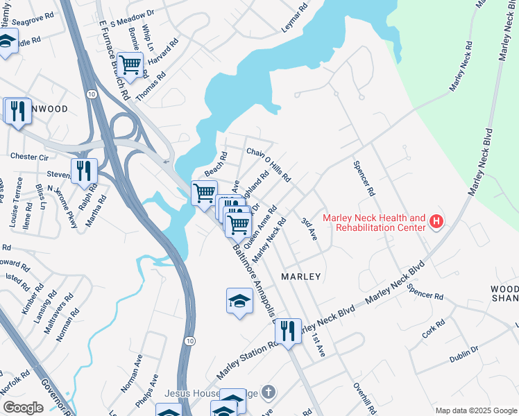 map of restaurants, bars, coffee shops, grocery stores, and more near 24 McGuirk Drive in Glen Burnie