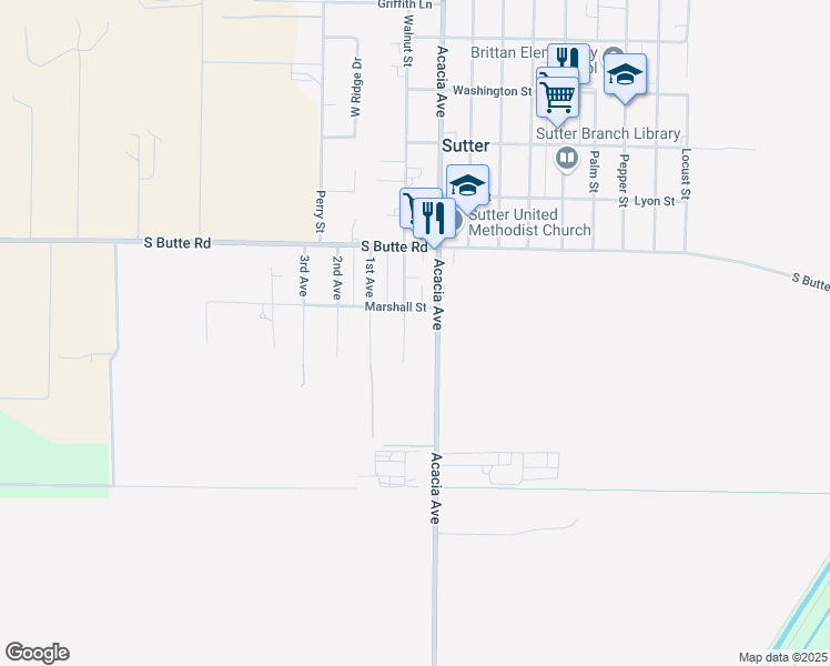 map of restaurants, bars, coffee shops, grocery stores, and more near 1861 Walnut Street in Sutter