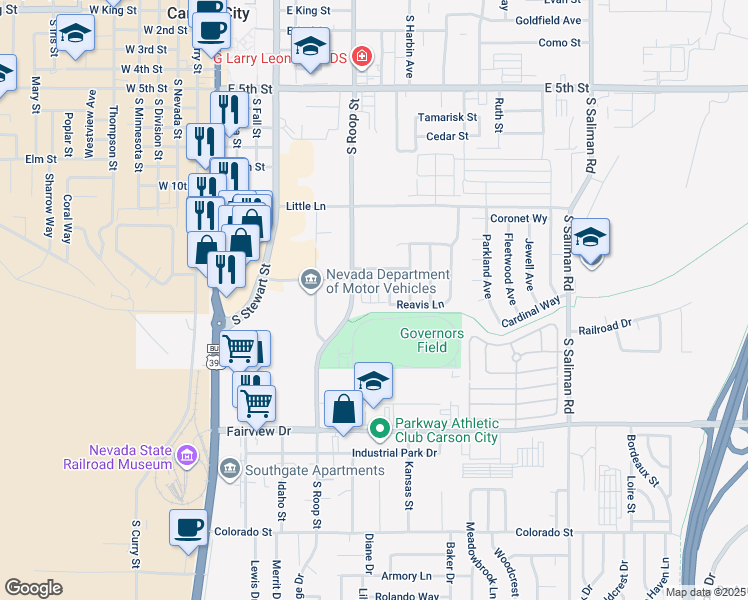 map of restaurants, bars, coffee shops, grocery stores, and more near 1261 Fonterra Way in Carson City