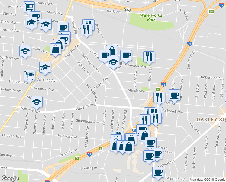 map of restaurants, bars, coffee shops, grocery stores, and more near 2521 Marsh Avenue in Cincinnati