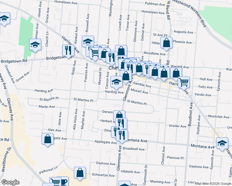 map of restaurants, bars, coffee shops, grocery stores, and more near 3730 Harding Avenue in Cincinnati