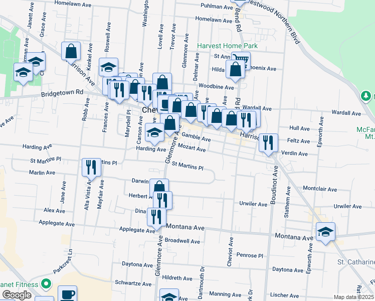 map of restaurants, bars, coffee shops, grocery stores, and more near 3639 Mozart Avenue in Cheviot