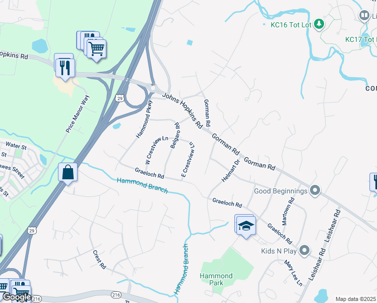 map of restaurants, bars, coffee shops, grocery stores, and more near 10725 East Crestview Lane in Laurel