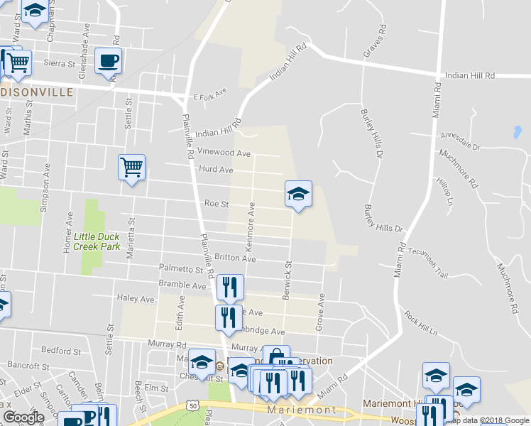 map of restaurants, bars, coffee shops, grocery stores, and more near 6913 Roe Street in Cincinnati
