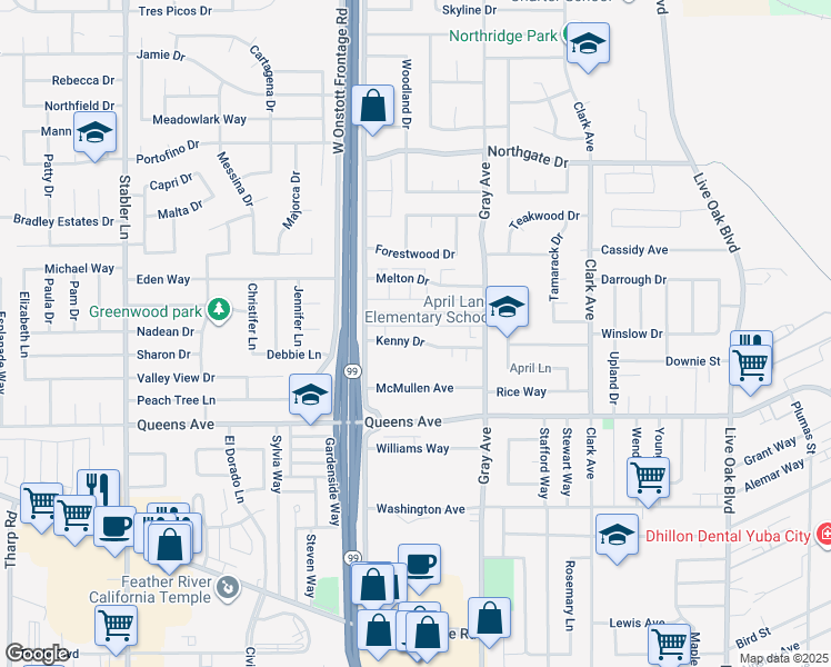 map of restaurants, bars, coffee shops, grocery stores, and more near 1248 Casita Drive in Yuba City