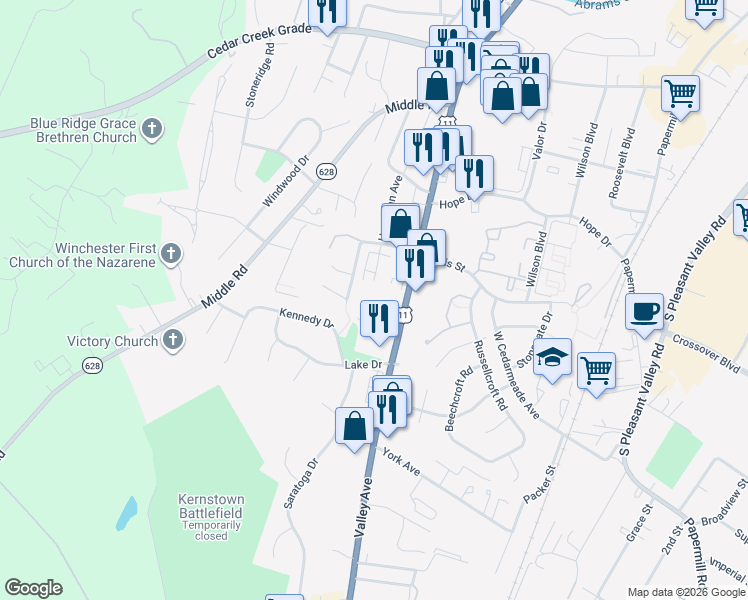 map of restaurants, bars, coffee shops, grocery stores, and more near 2645 Valley Avenue in Winchester