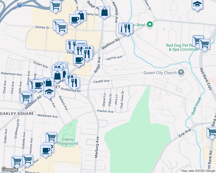 map of restaurants, bars, coffee shops, grocery stores, and more near 3462 Brotherton Road in Cincinnati