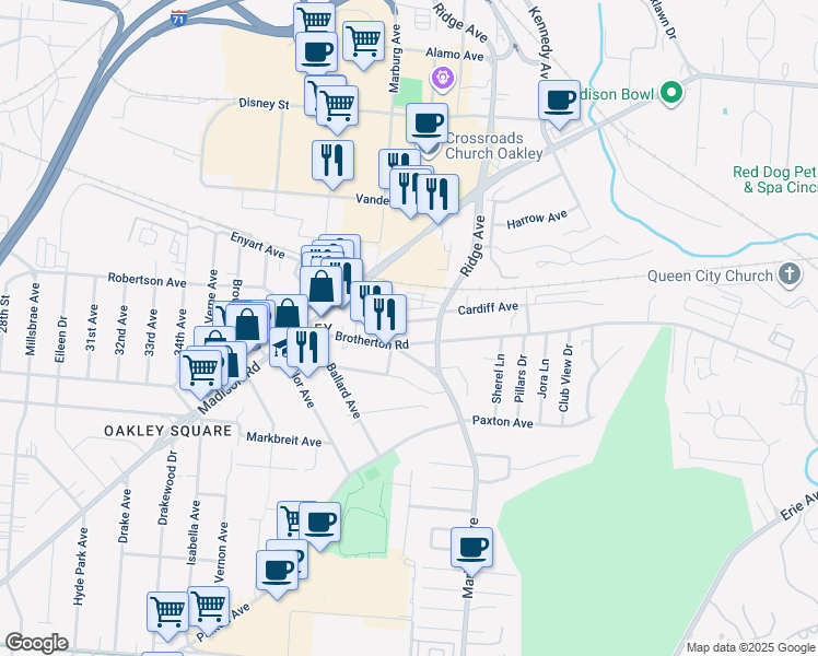 map of restaurants, bars, coffee shops, grocery stores, and more near 3314 Cardiff Avenue in Cincinnati