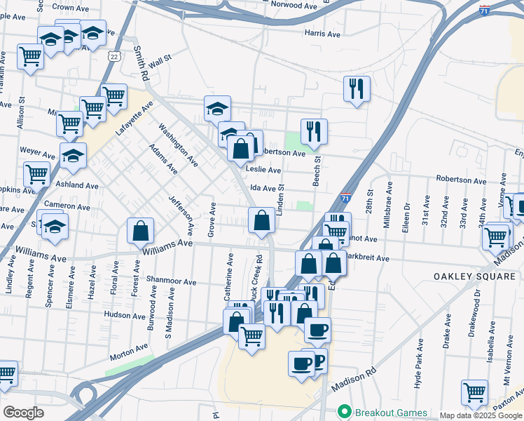 map of restaurants, bars, coffee shops, grocery stores, and more near 4300 Smith Road in Cincinnati