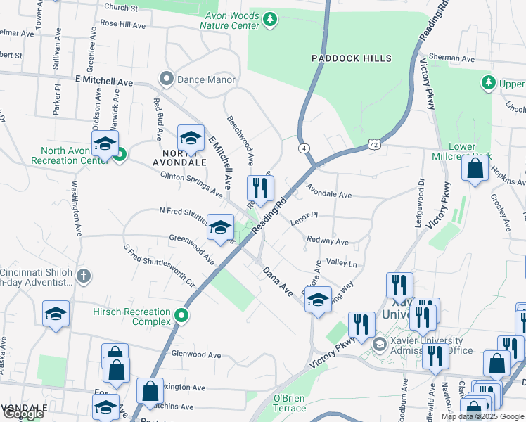 map of restaurants, bars, coffee shops, grocery stores, and more near 3859 Reading Road in Cincinnati