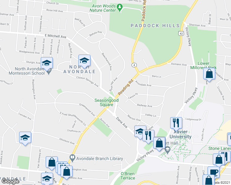 map of restaurants, bars, coffee shops, grocery stores, and more near 3859 Reading Road in Cincinnati