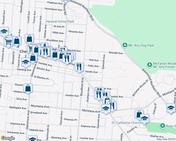 map of restaurants, bars, coffee shops, grocery stores, and more near 3046 Verdin Avenue in Cincinnati