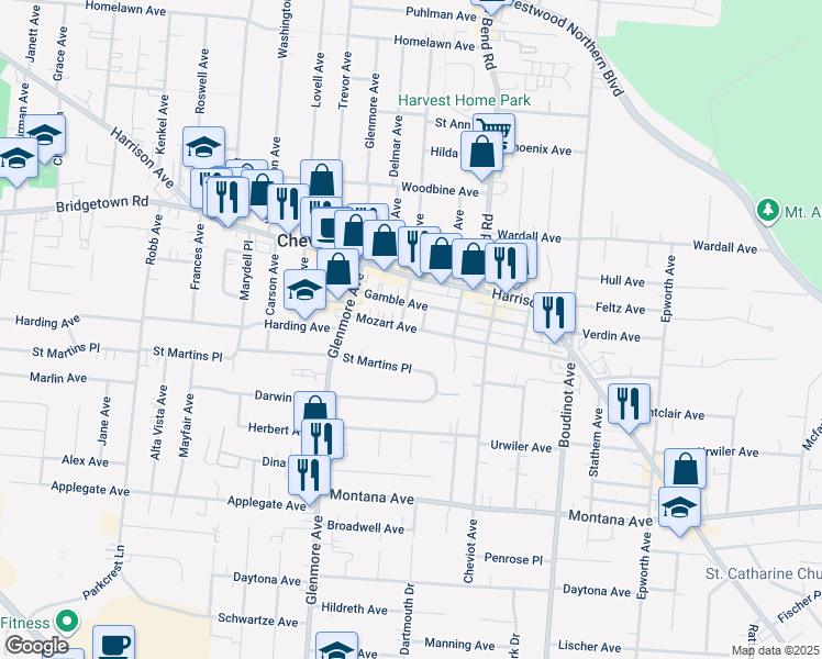 map of restaurants, bars, coffee shops, grocery stores, and more near 3536 Mozart Avenue in Cincinnati