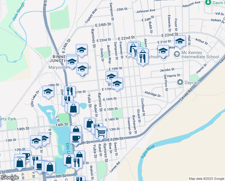 map of restaurants, bars, coffee shops, grocery stores, and more near 1627 Swezy Street in Marysville