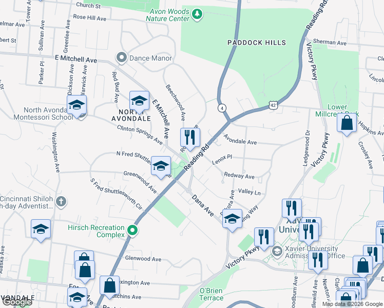 map of restaurants, bars, coffee shops, grocery stores, and more near 3859 Reading Road in Cincinnati