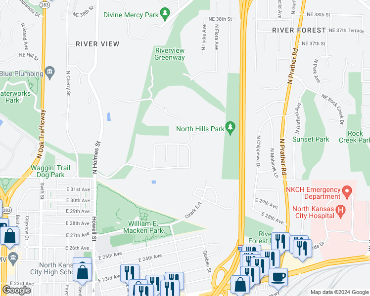 map of restaurants, bars, coffee shops, grocery stores, and more near 3316 North Virginia Avenue in Kansas City
