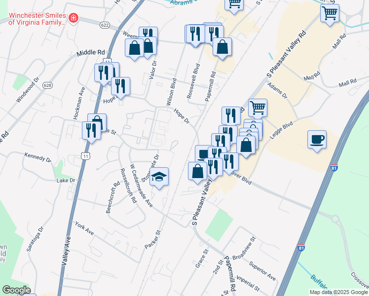 map of restaurants, bars, coffee shops, grocery stores, and more near 100 Tevis Street in Winchester
