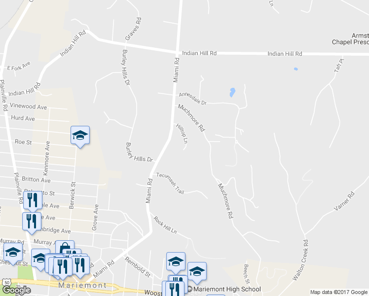 map of restaurants, bars, coffee shops, grocery stores, and more near 4735 Hilltop Lane in Cincinnati