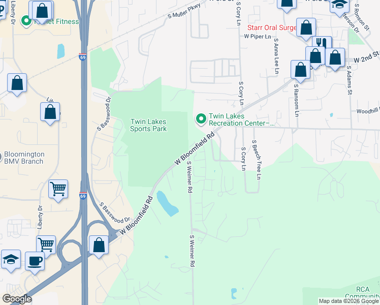map of restaurants, bars, coffee shops, grocery stores, and more near 2295 West Bloomfield Road in Bloomington