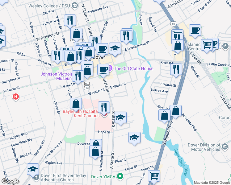 map of restaurants, bars, coffee shops, grocery stores, and more near 523 South State Street in Dover
