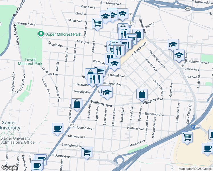 map of restaurants, bars, coffee shops, grocery stores, and more near 2131 Cameron Avenue in Cincinnati