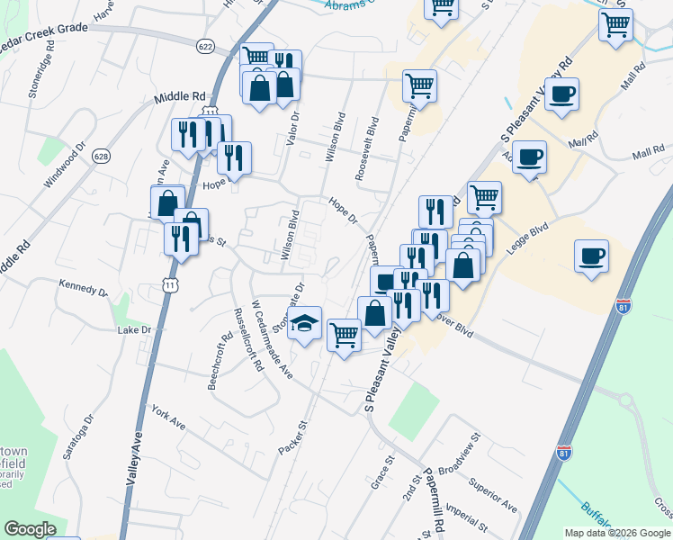 map of restaurants, bars, coffee shops, grocery stores, and more near 2531 Bradford Court in Winchester