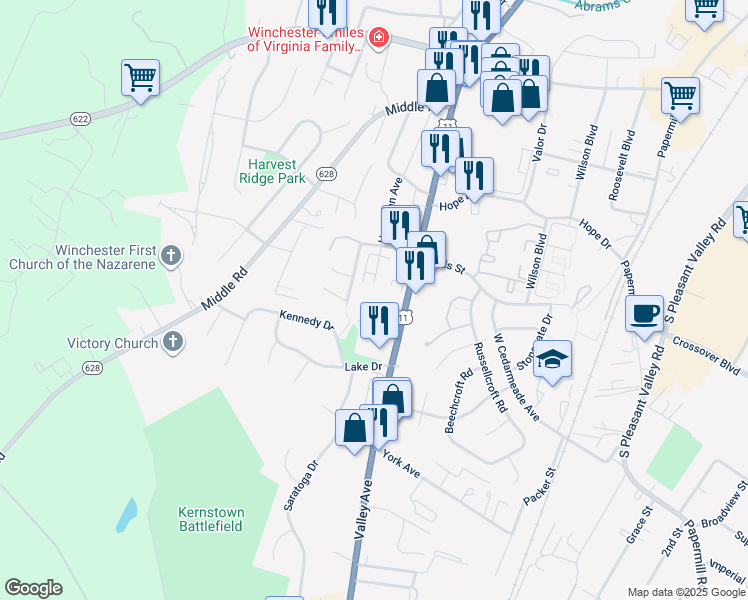 map of restaurants, bars, coffee shops, grocery stores, and more near 2645 Valley Avenue in Winchester