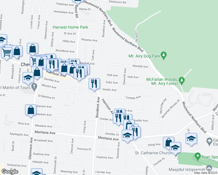 map of restaurants, bars, coffee shops, grocery stores, and more near 3046 Verdin Avenue in Cincinnati