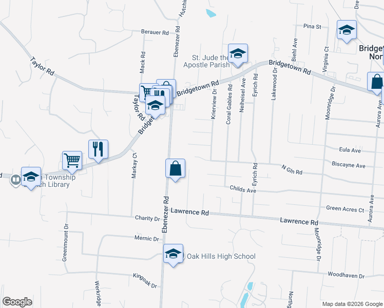 map of restaurants, bars, coffee shops, grocery stores, and more near 6050 Northglen Road in Cincinnati