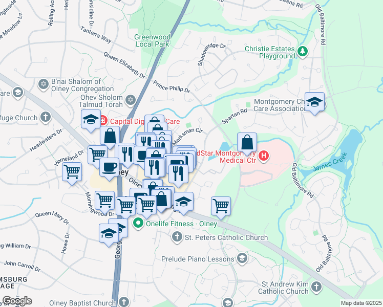 map of restaurants, bars, coffee shops, grocery stores, and more near 38 Castle Garden Court in Olney