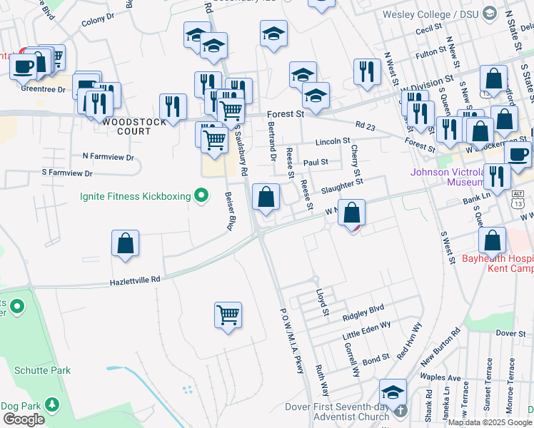 map of restaurants, bars, coffee shops, grocery stores, and more near 293 South Saulsbury Road in Dover