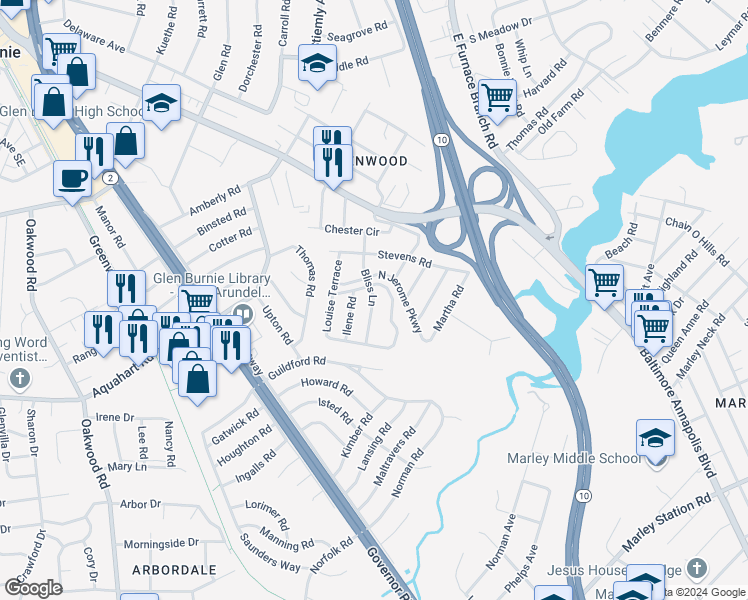 map of restaurants, bars, coffee shops, grocery stores, and more near 114 Bliss Lane in Glen Burnie