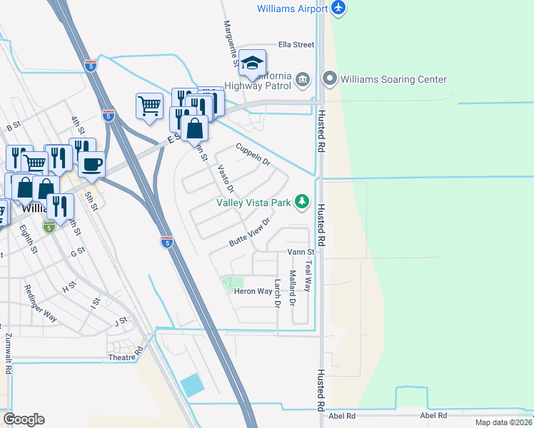 map of restaurants, bars, coffee shops, grocery stores, and more near 544 Butte View Drive in Williams