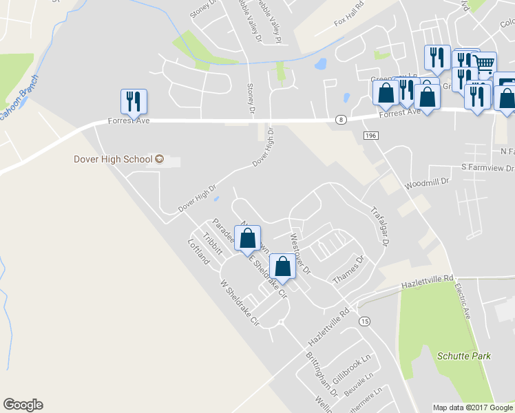 map of restaurants, bars, coffee shops, grocery stores, and more near 421 Northdown Drive in Dover