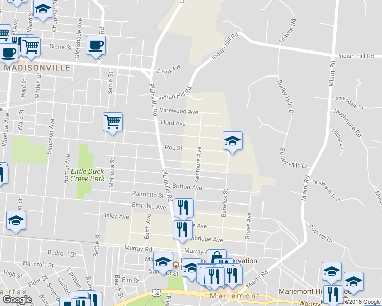 map of restaurants, bars, coffee shops, grocery stores, and more near 6847 Roe Street in Cincinnati