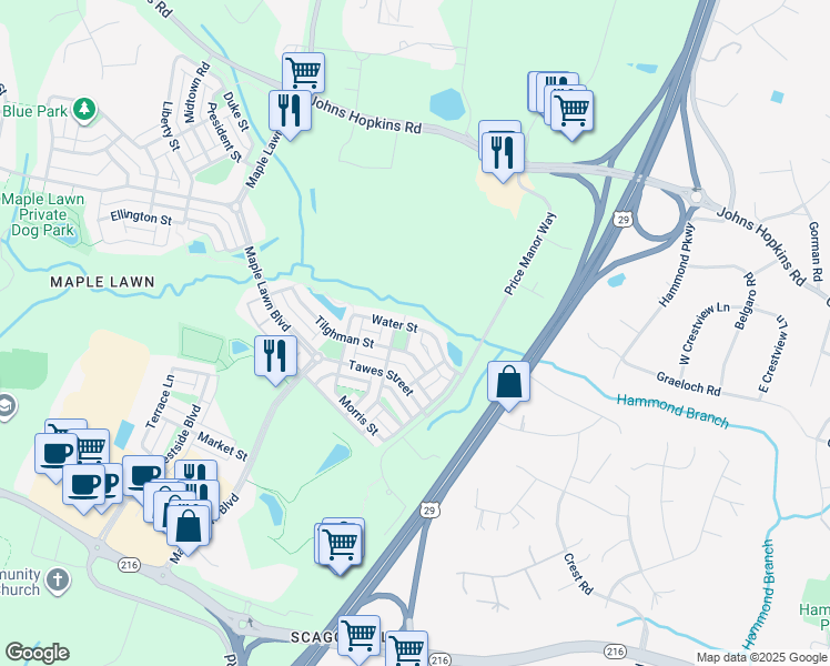 map of restaurants, bars, coffee shops, grocery stores, and more near 7410 Severn Street in Fulton