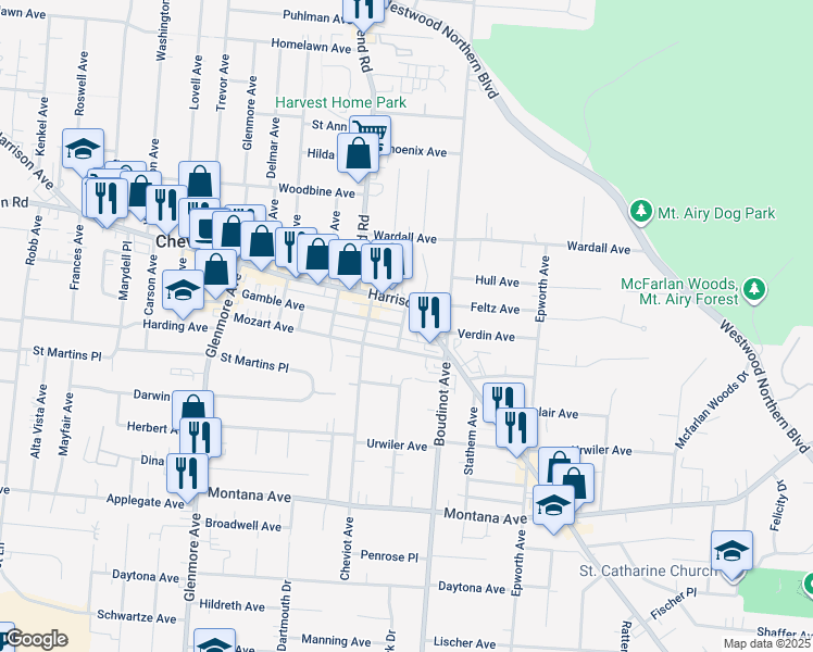 map of restaurants, bars, coffee shops, grocery stores, and more near 36 Higbee Street in Cincinnati