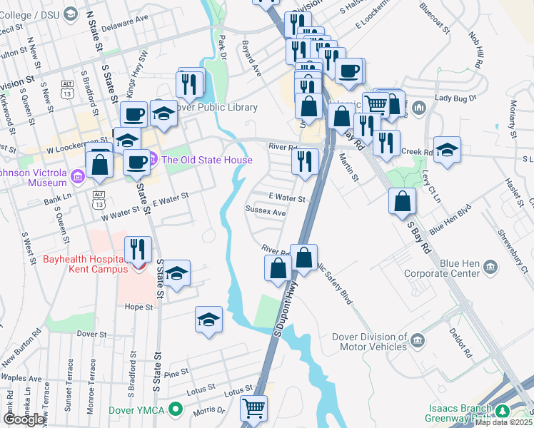 map of restaurants, bars, coffee shops, grocery stores, and more near 428 Sussex Avenue in Dover
