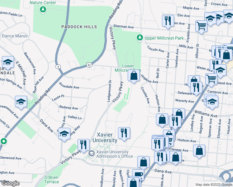 map of restaurants, bars, coffee shops, grocery stores, and more near 4049 Victory Parkway in Cincinnati