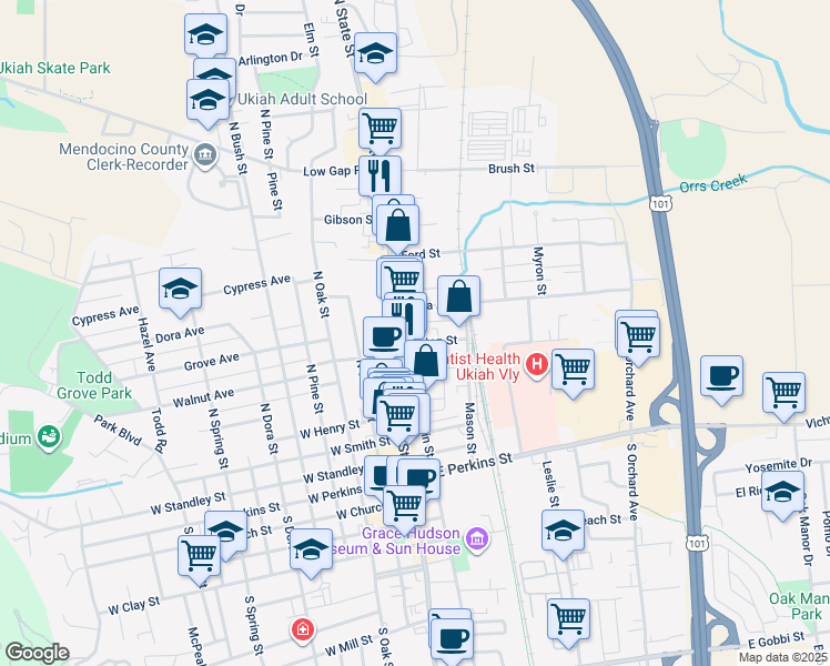 map of restaurants, bars, coffee shops, grocery stores, and more near 210 Norton Street in Ukiah