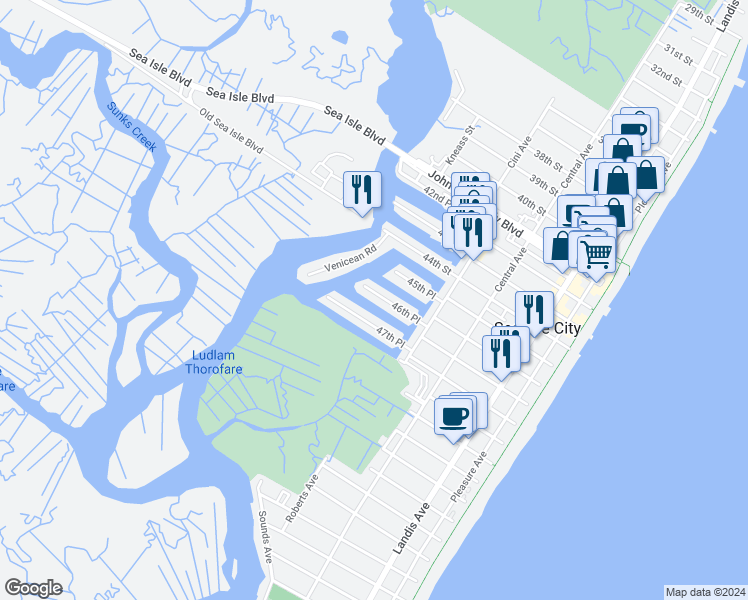 map of restaurants, bars, coffee shops, grocery stores, and more near 340 46th Place in Sea Isle City