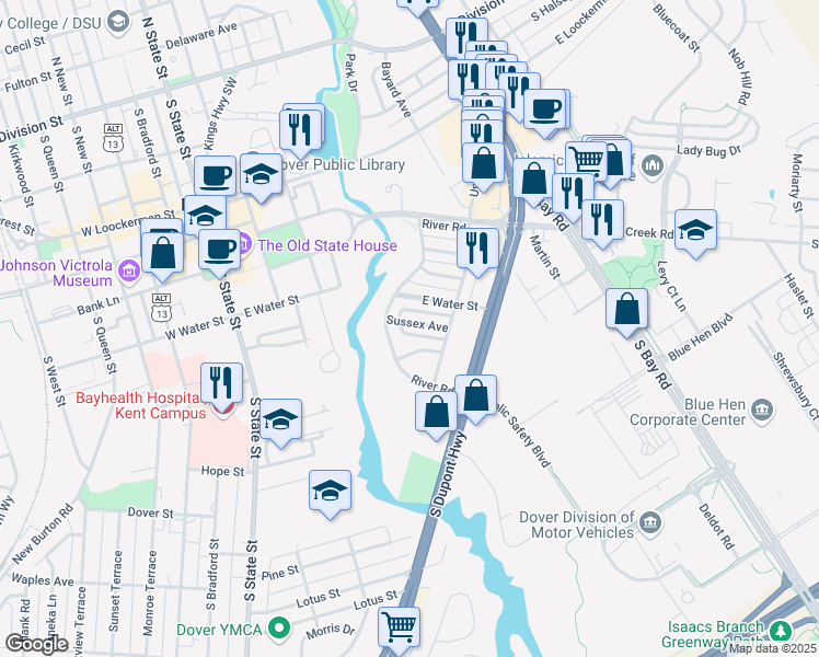 map of restaurants, bars, coffee shops, grocery stores, and more near 428 Sussex Avenue in Dover