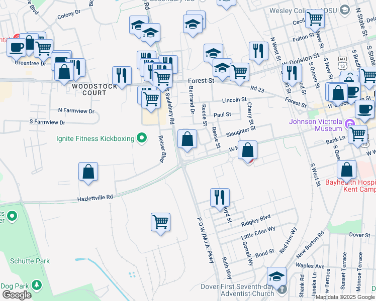 map of restaurants, bars, coffee shops, grocery stores, and more near 293 South Saulsbury Road in Dover