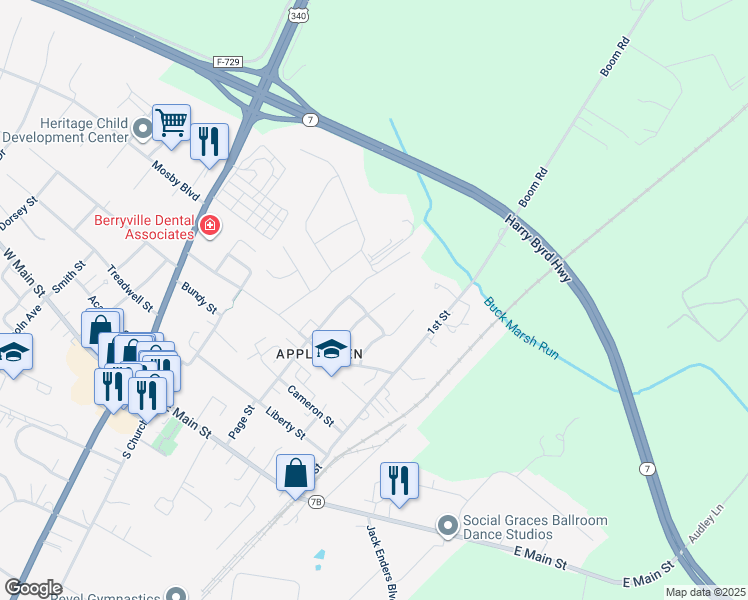 map of restaurants, bars, coffee shops, grocery stores, and more near 125 West Main Street in Berryville
