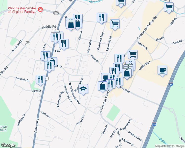 map of restaurants, bars, coffee shops, grocery stores, and more near 2531 Bradford Court in Winchester