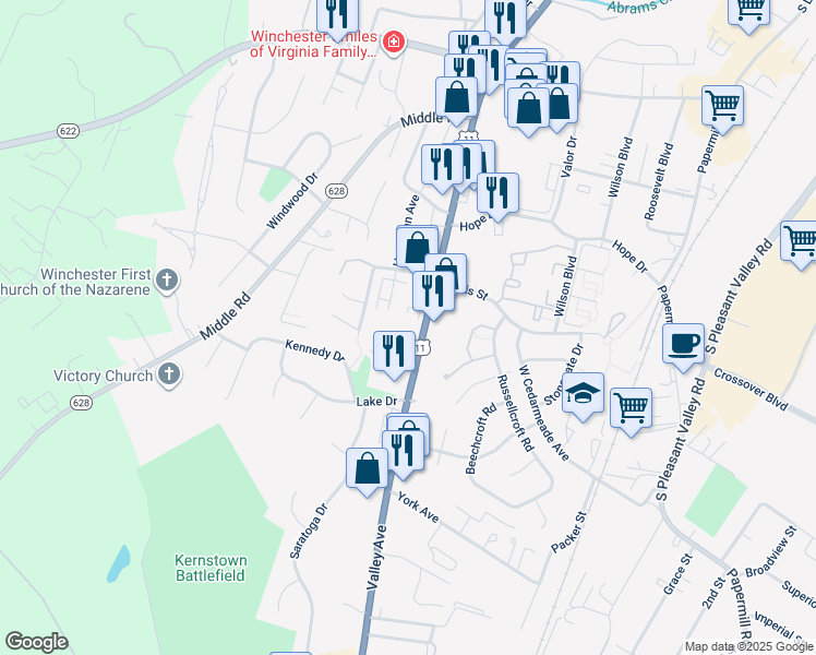 map of restaurants, bars, coffee shops, grocery stores, and more near 2641 Valley Avenue in Winchester