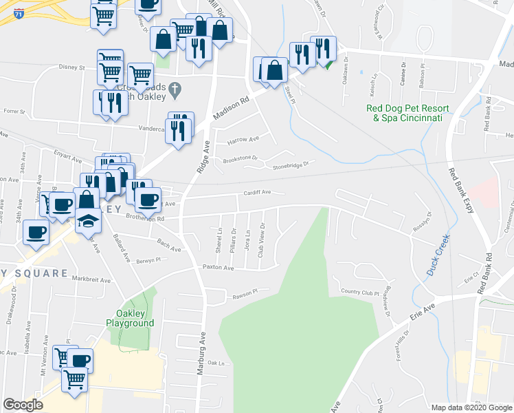 map of restaurants, bars, coffee shops, grocery stores, and more near 3518 Brotherton Road in Cincinnati