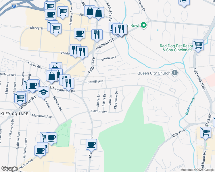 map of restaurants, bars, coffee shops, grocery stores, and more near 3518 Brotherton Road in Cincinnati