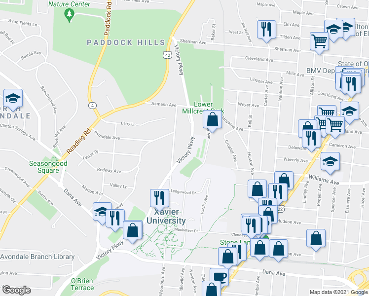 map of restaurants, bars, coffee shops, grocery stores, and more near 4049 Victory Parkway in Cincinnati